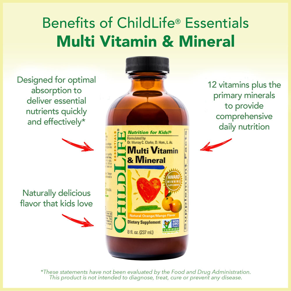 ChildLife Essentials Kids Multivitamin orange mango flavor appeals to children.