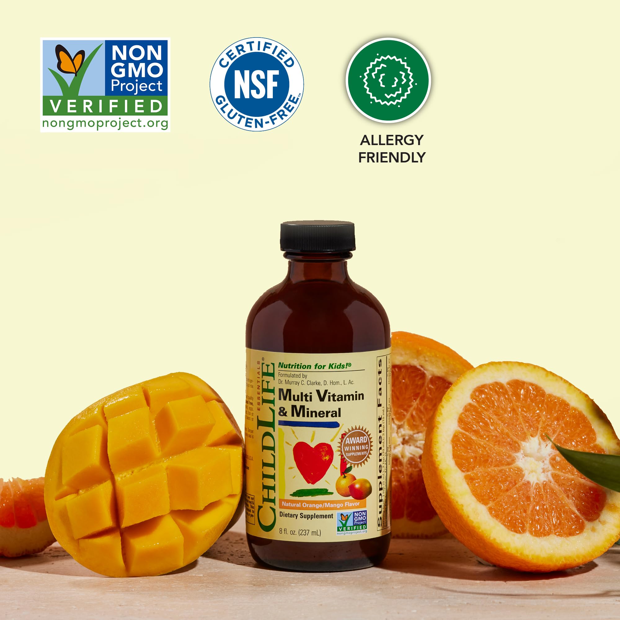 ChildLife Essentials Kids Multivitamin gluten-free badge confirms safety features.