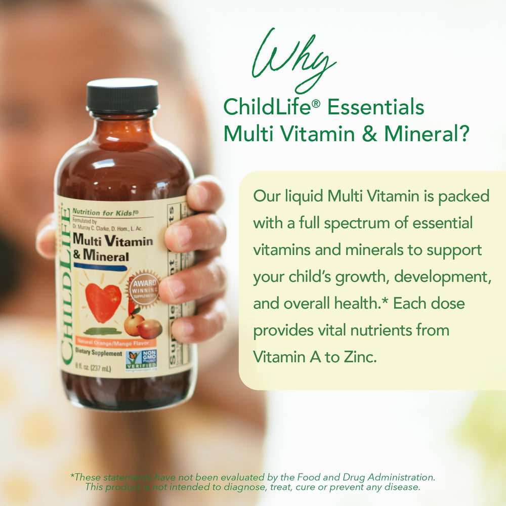 ChildLife Essentials Kids Multivitamin label closeup highlights nutrient range.