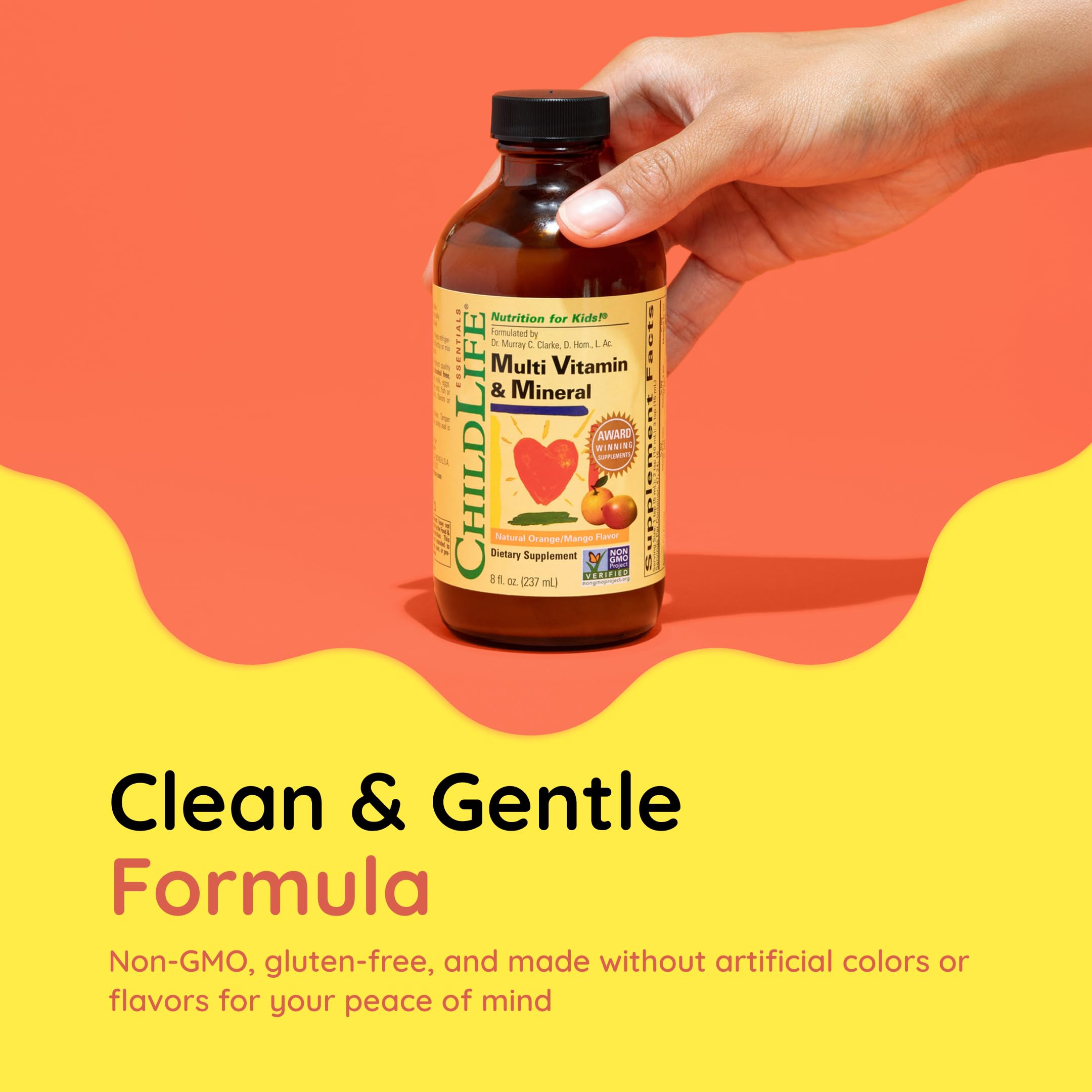 Non-GMO and gluten-free CHILDLIFE Essentials label highlights clean ingredients.