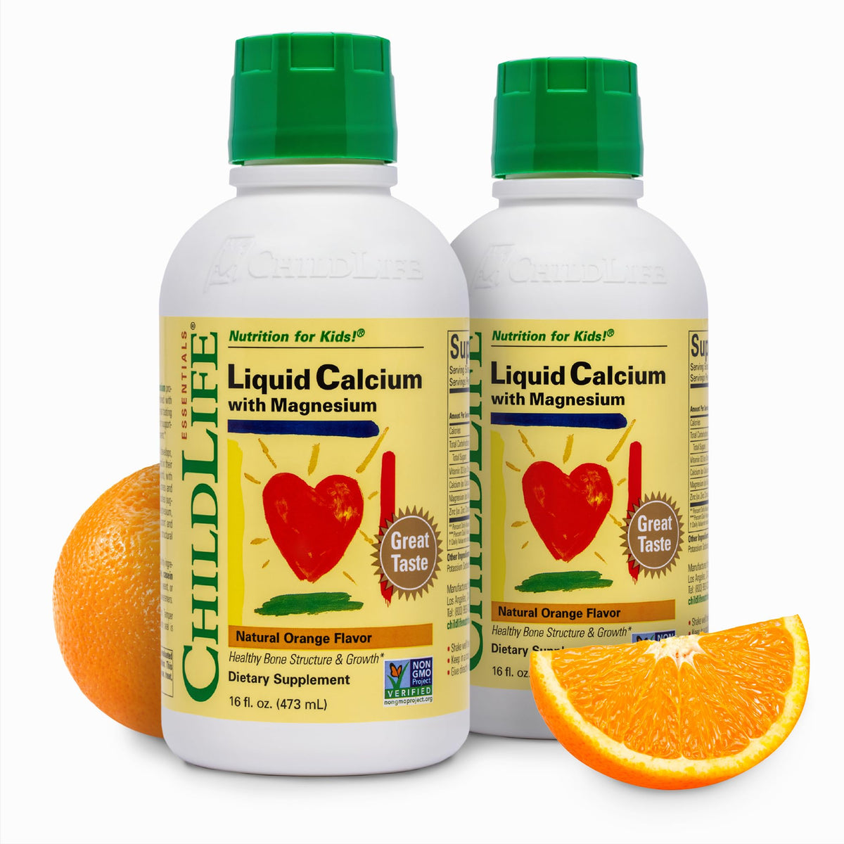 CHILDLIFE ESSENTIALS liquid calcium bottle label highlighting bone support for kids