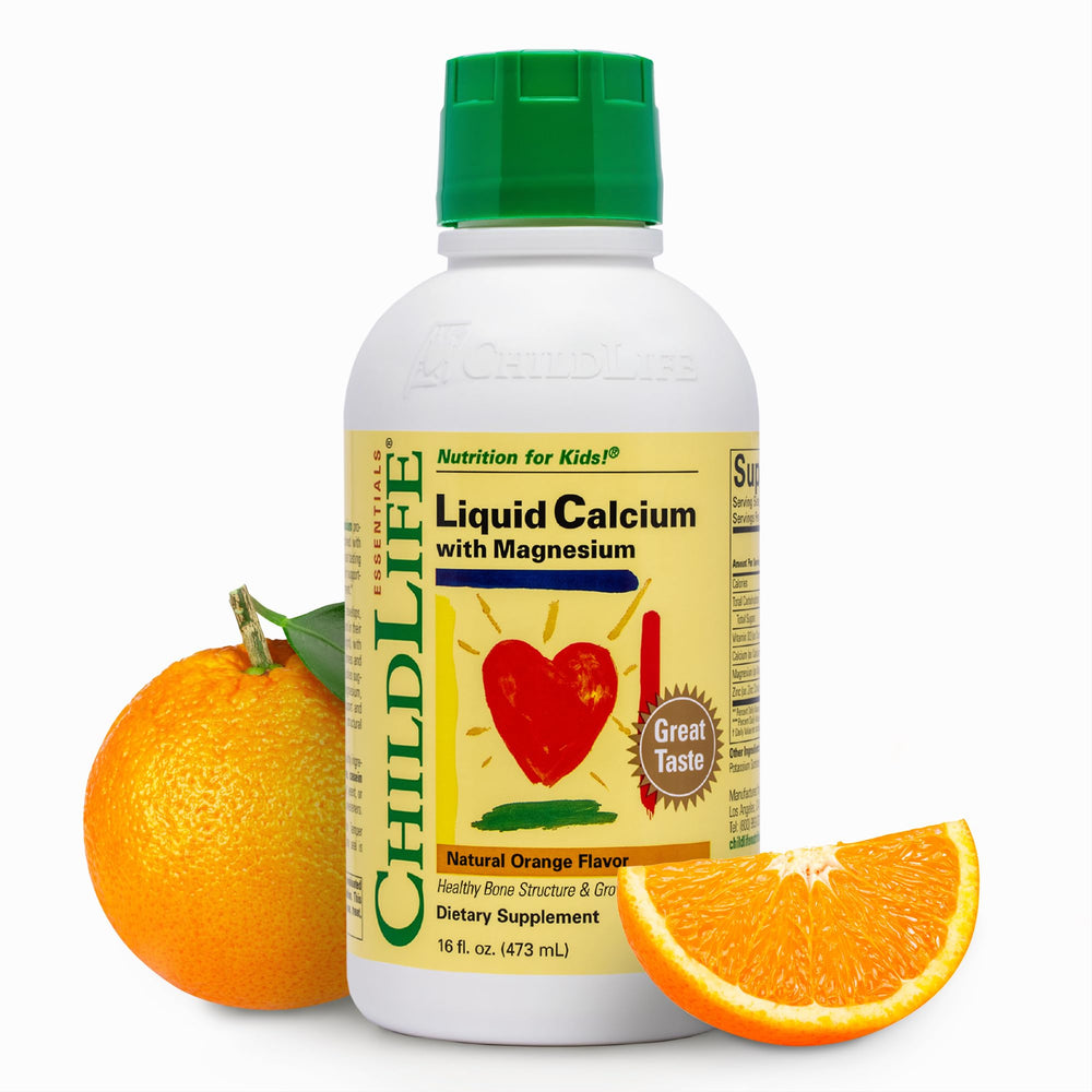 CHILDLIFE ESSENTIALS liquid calcium bottle for kids with orange flavor supporting daily mineral intake.