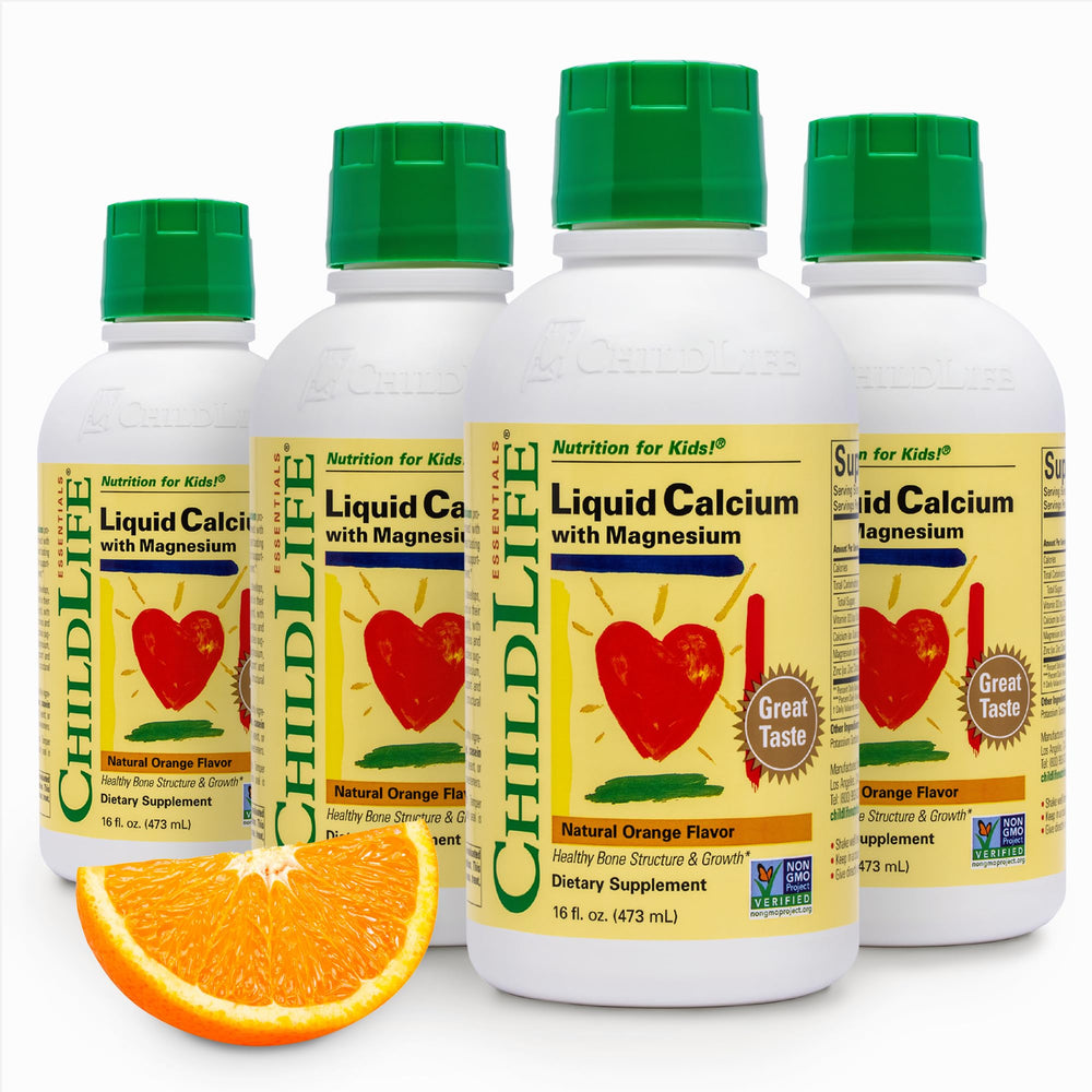 ChildLife Essentials liquid calcium orange bottle highlighting essential minerals for growing kids