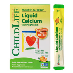 ChildLife Essentials liquid calcium stick-pack orange close-up highlighting ease of use.