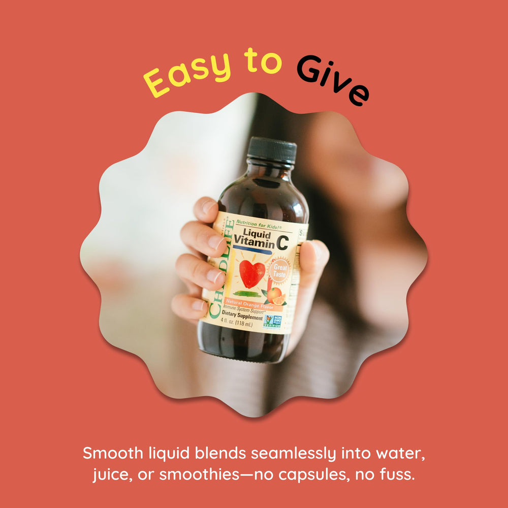 ChildLife Essentials Vitamin C bottle with orange flavor close-up.