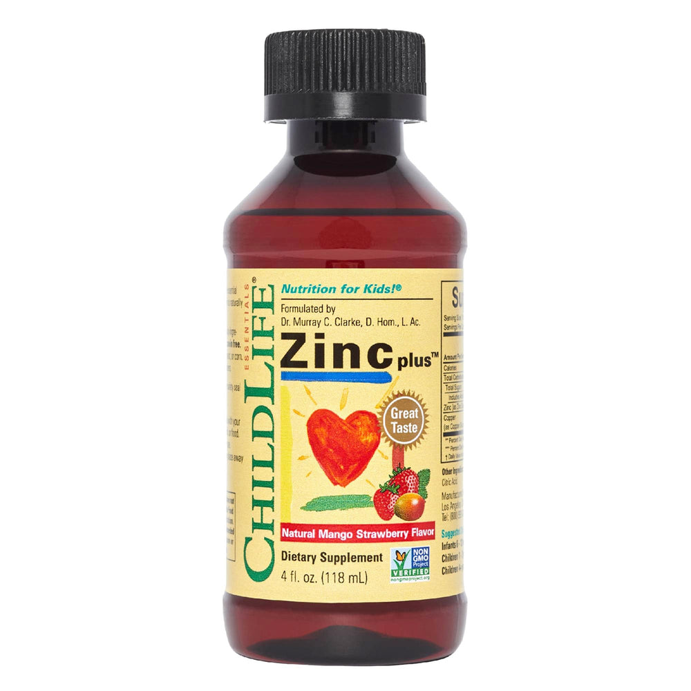 CHILDLIFE ESSENTIALS zinc plus bottle for easy daily supplementation.