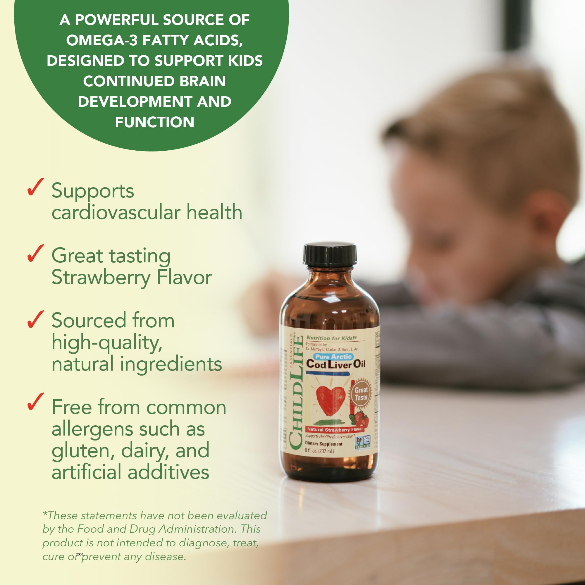 ChildLife Essentials omega-3 brain-vision graphic suggests possible cognitive and eye health support.