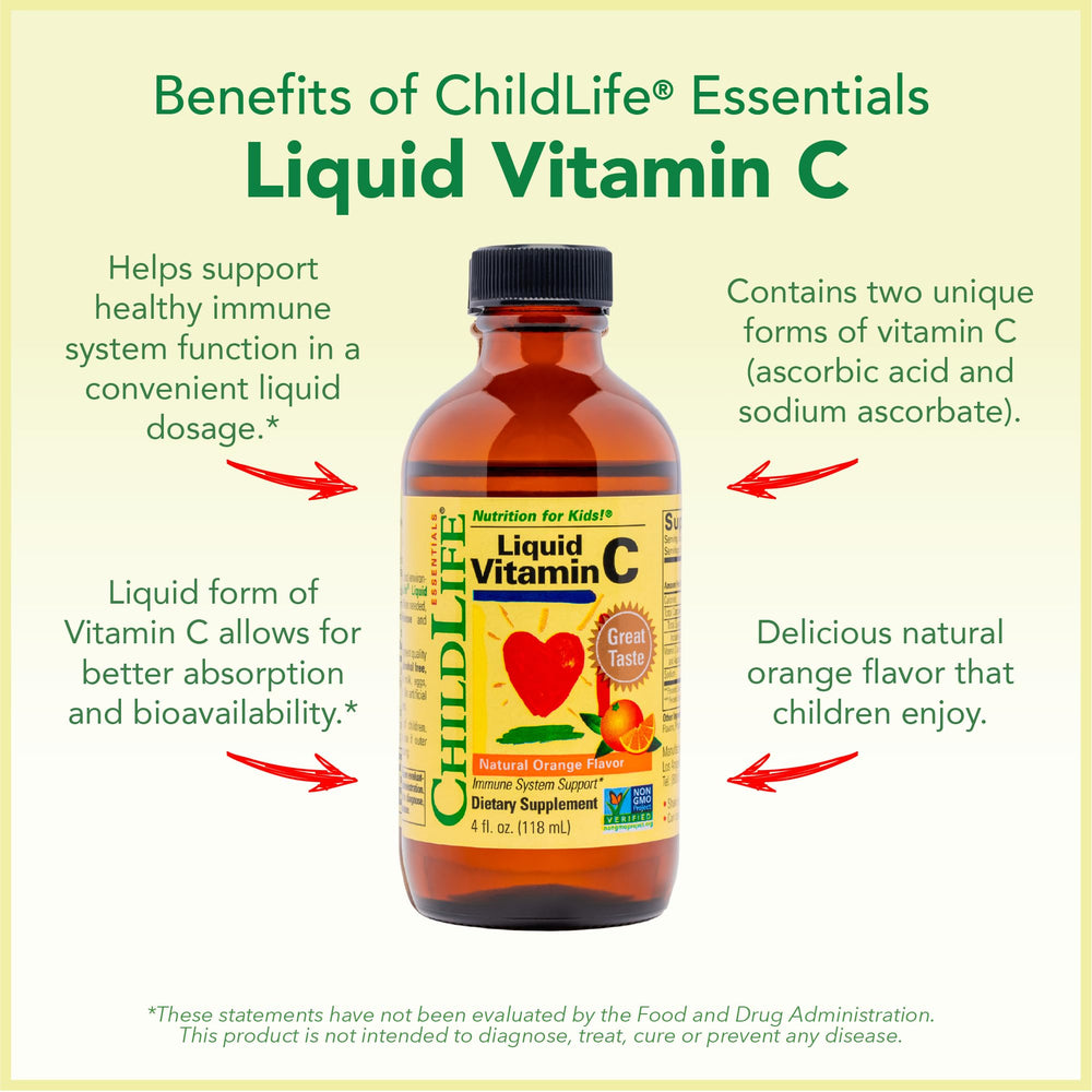 ChildLife Essentials Orange-flavored Vitamin C dropper easy dosing for children.
