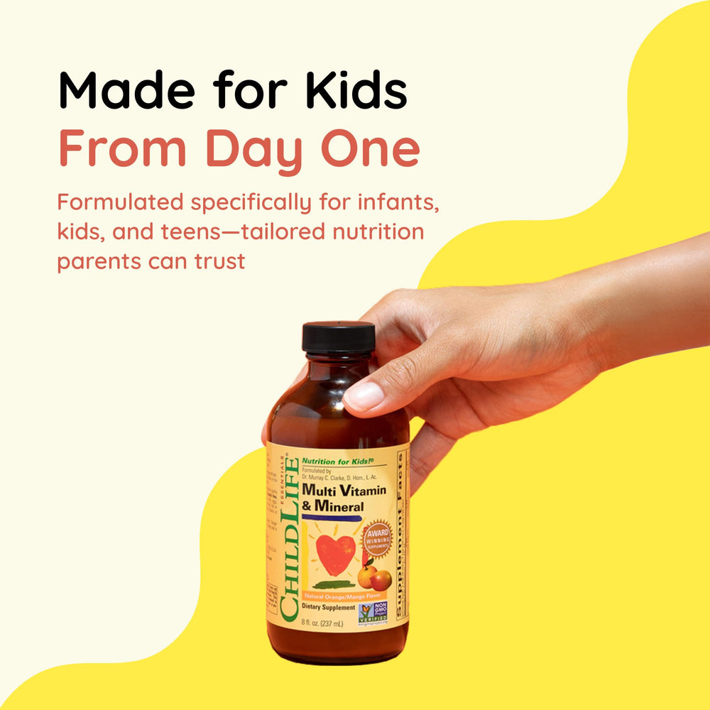 CHILDLIFE ESSENTIALS Orange Mango flavor enhances kid-friendly taste.