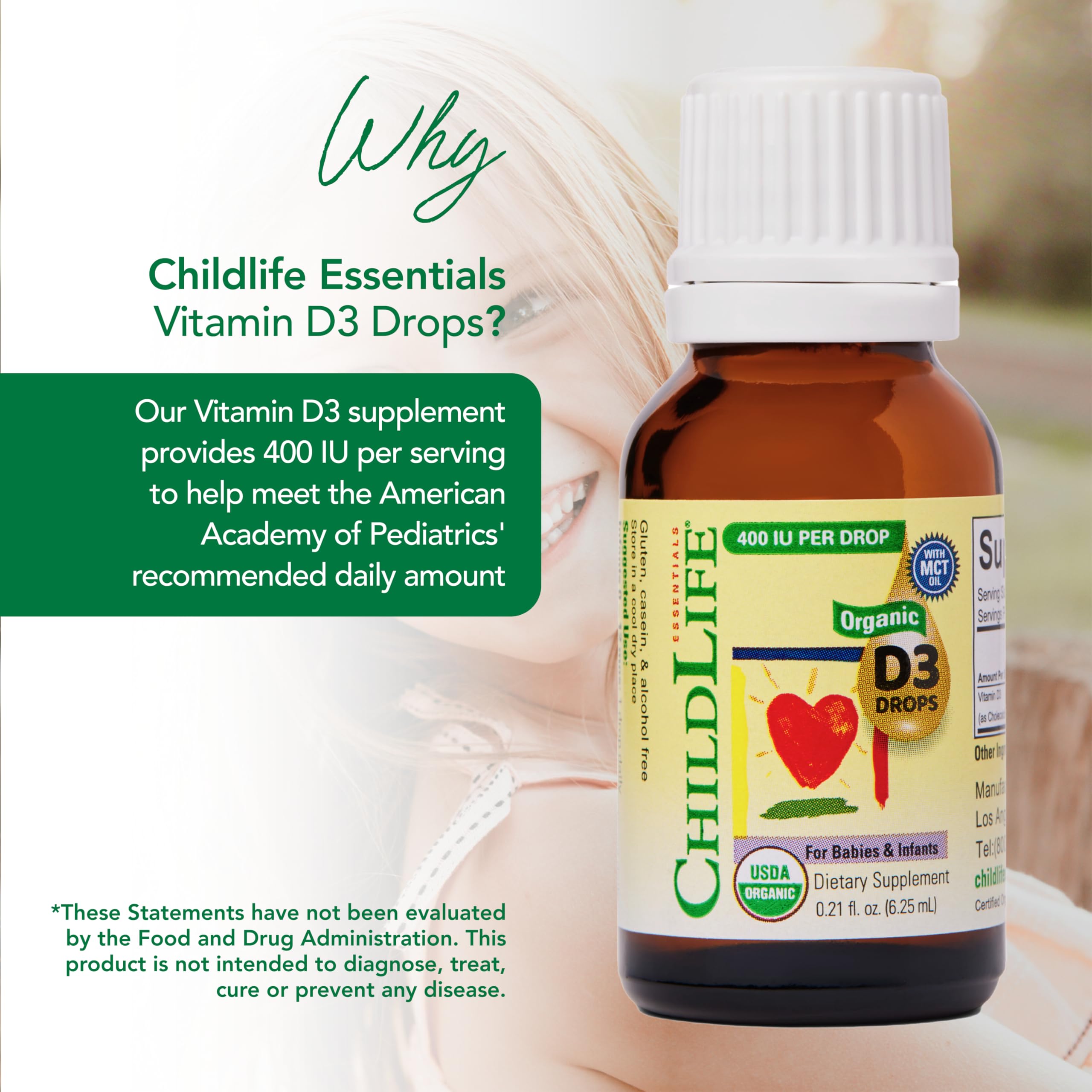 CHILDLIFE Essentials Vitamin D3 Drops bottle closeup with clear label for quick dosing.