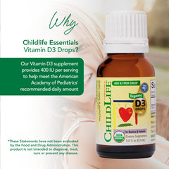 CHILDLIFE Essentials Vitamin D3 Drops bottle closeup with clear label for quick dosing.