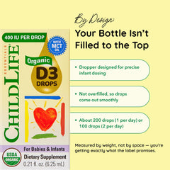 CHILDLIFE Essentials Vitamin D3 Drops newborn-friendly dosing guidance included for safe administration.