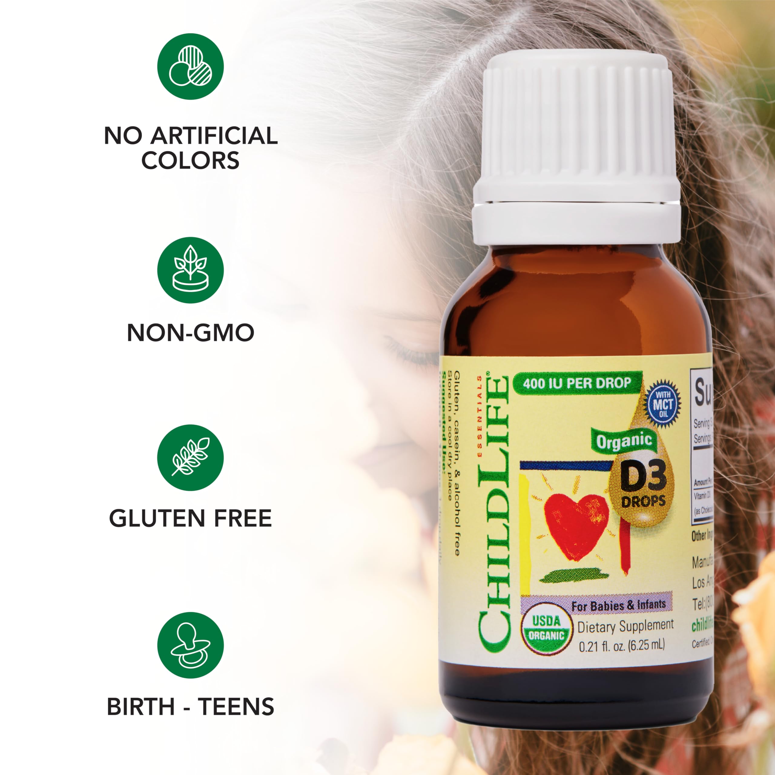 CHILDLIFE Essentials Vitamin D3 Drops USDA Organic seal on label.