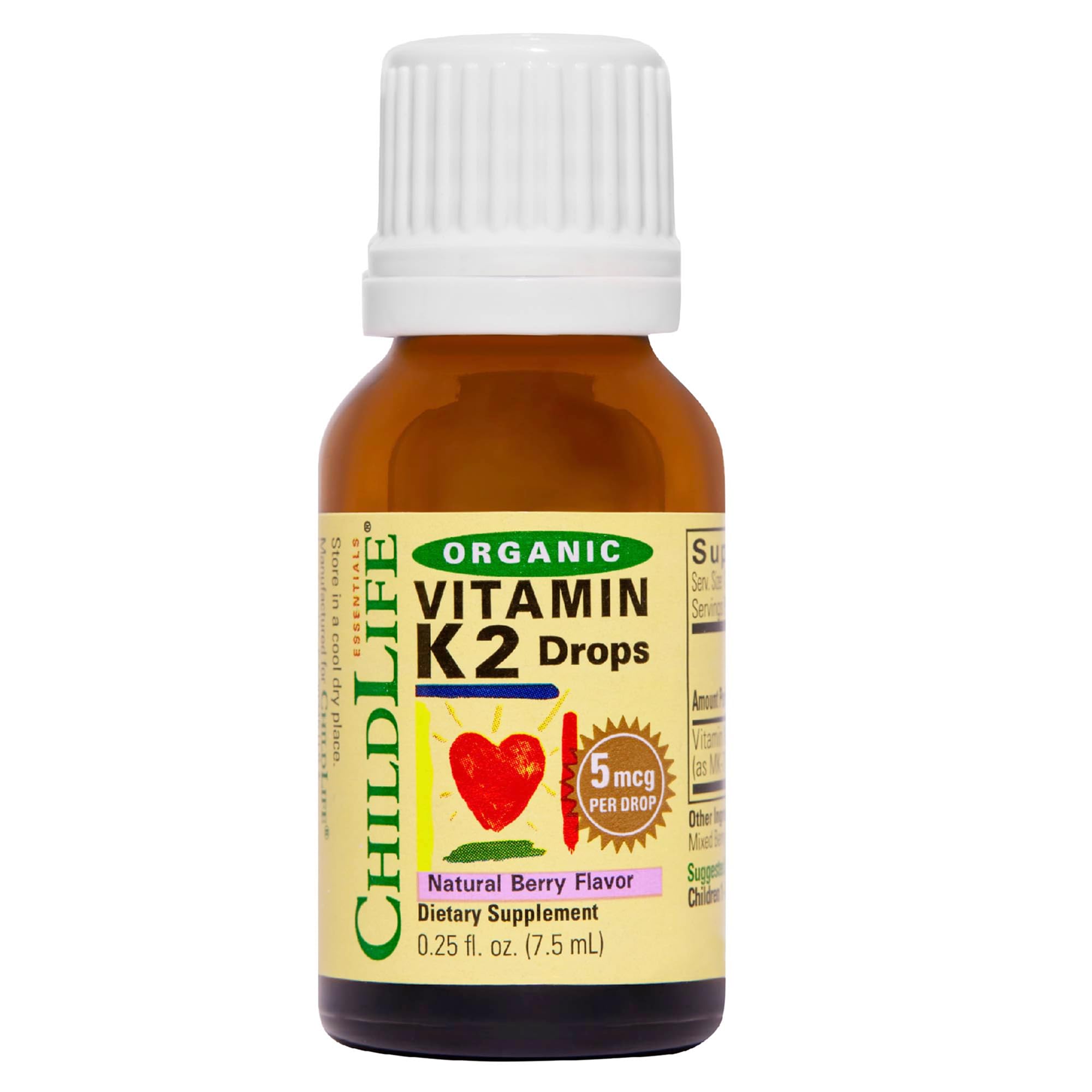 ChildLife Essentials Vitamin K2 drops bottle highlighting organic formula for growing kids