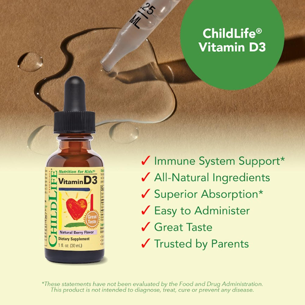 CHILDLIFE ESSENTIALS pediatrician-founded vitamin D3 product overview.