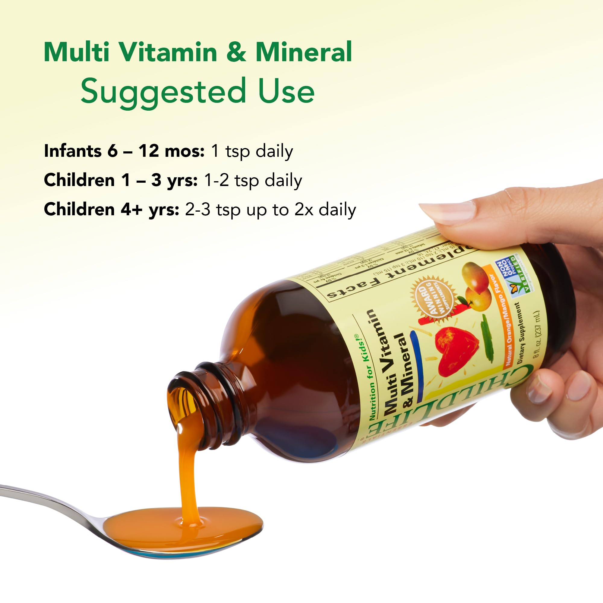 CHILDLIFE ESSENTIALS bottle being poured into a cup for kids.