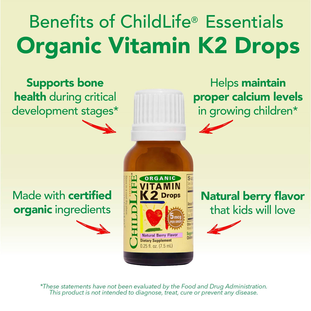 Toddler dosing guidance for CHILDLIFE Essentials K2 drops in a measuring context
