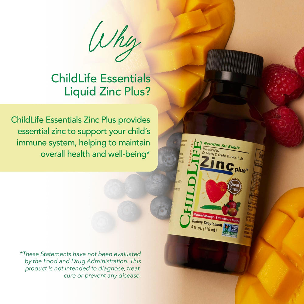 CHILDLIFE ESSENTIALS zinc plus copper mineral balance label highlights balanced intake.