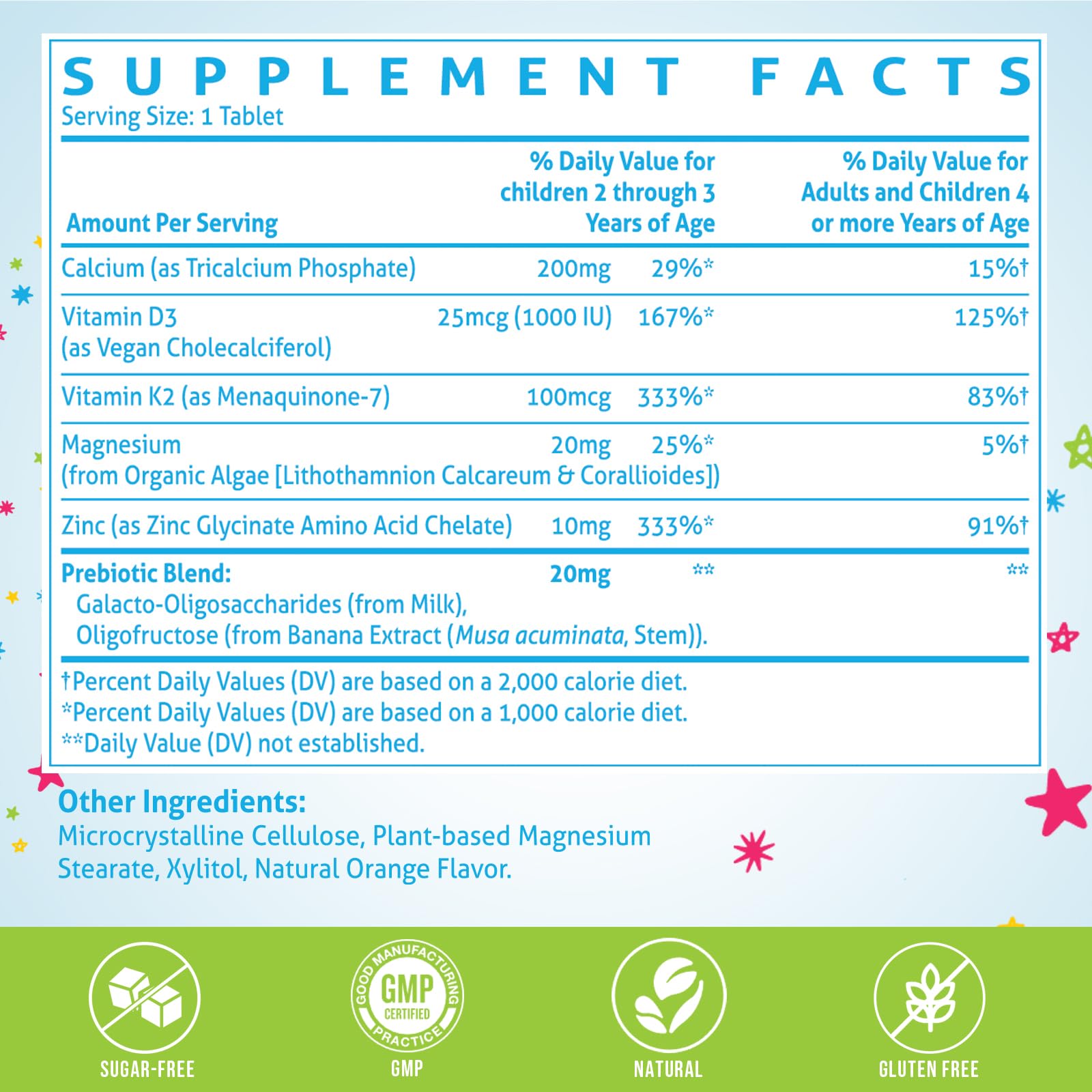 ChiQwench calcium with D3 and K2 tablets highlighting mineral absorption for kids.