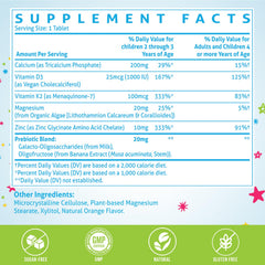 ChiQwench calcium with D3 and K2 tablets highlighting mineral absorption for kids.