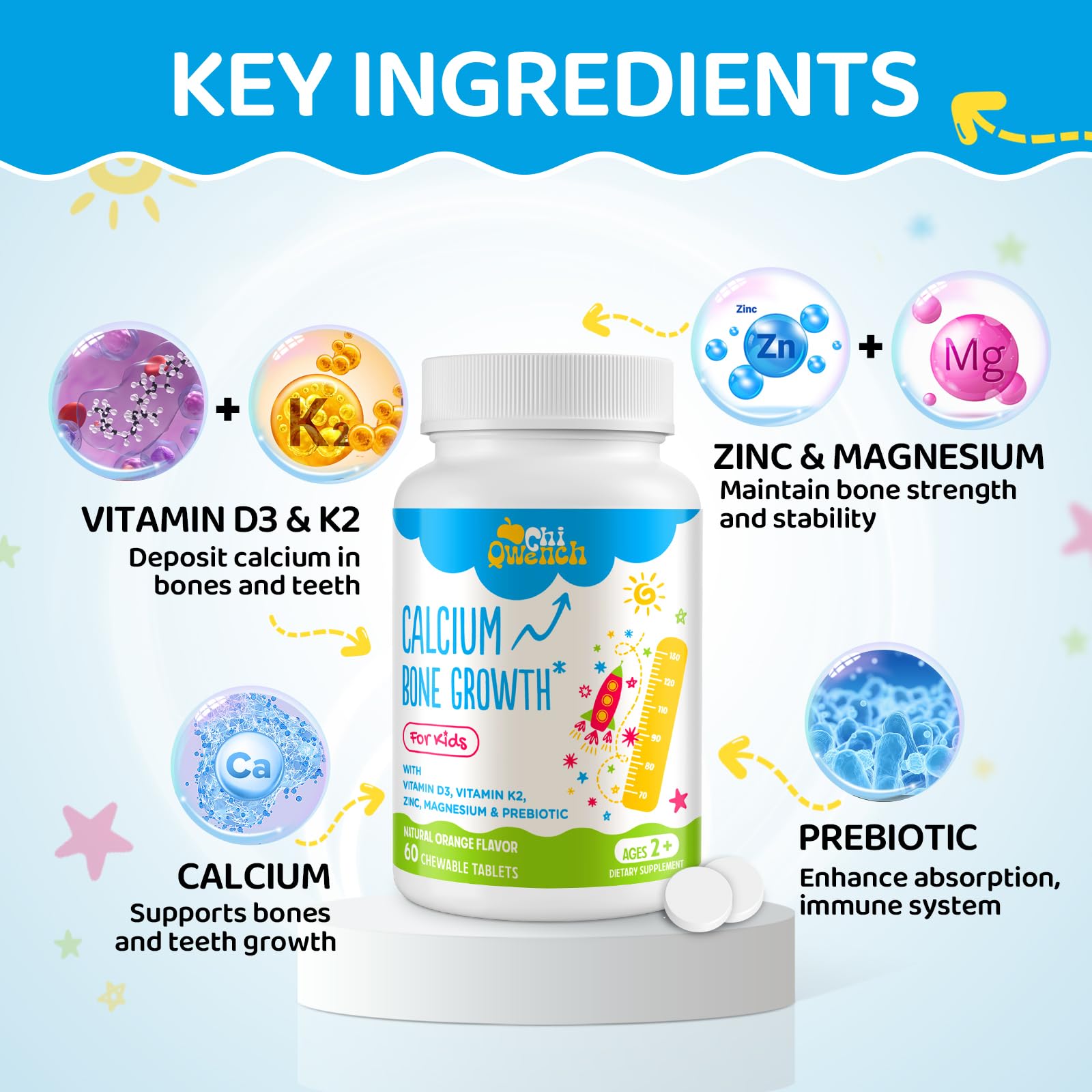 ChiQwench prebiotic blend bottle emphasizes gut health and nutrient uptake.