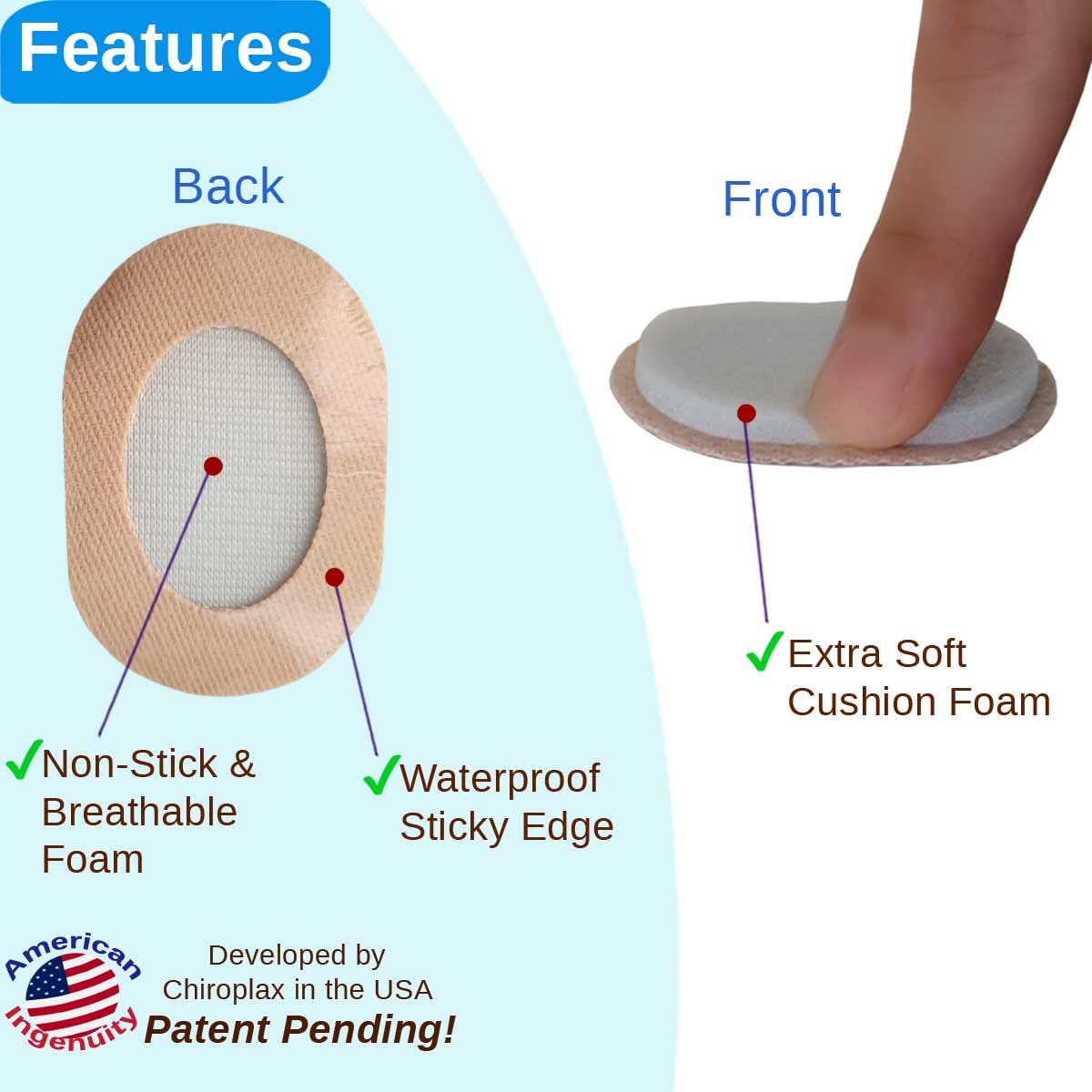 Chiroplax non-stick center shown on cushion, prevents sticking to bunion area