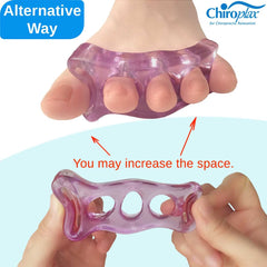 Chiroplax gel toe separators in use with soft silicone for comfortable toe stretching