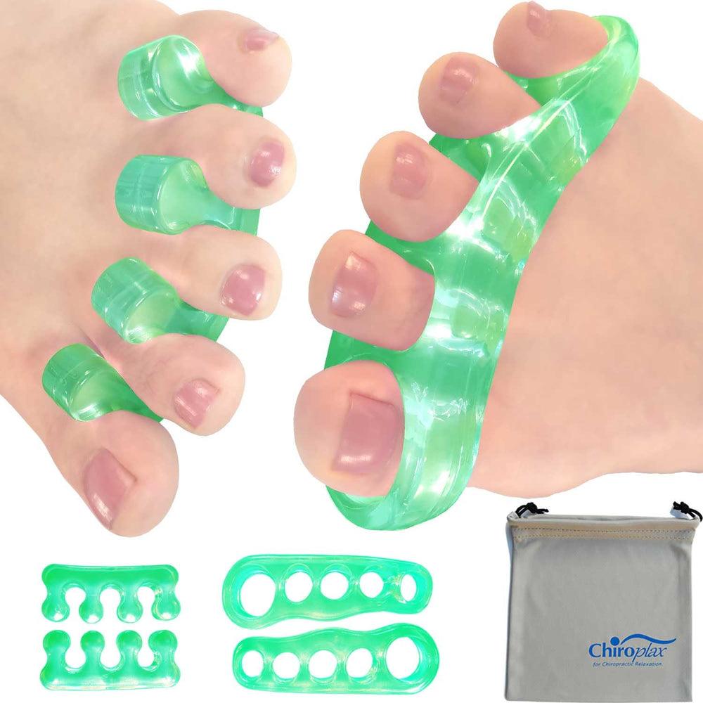 Chiroplax mint-green gel toe separators in packaging for at-home toe realignment