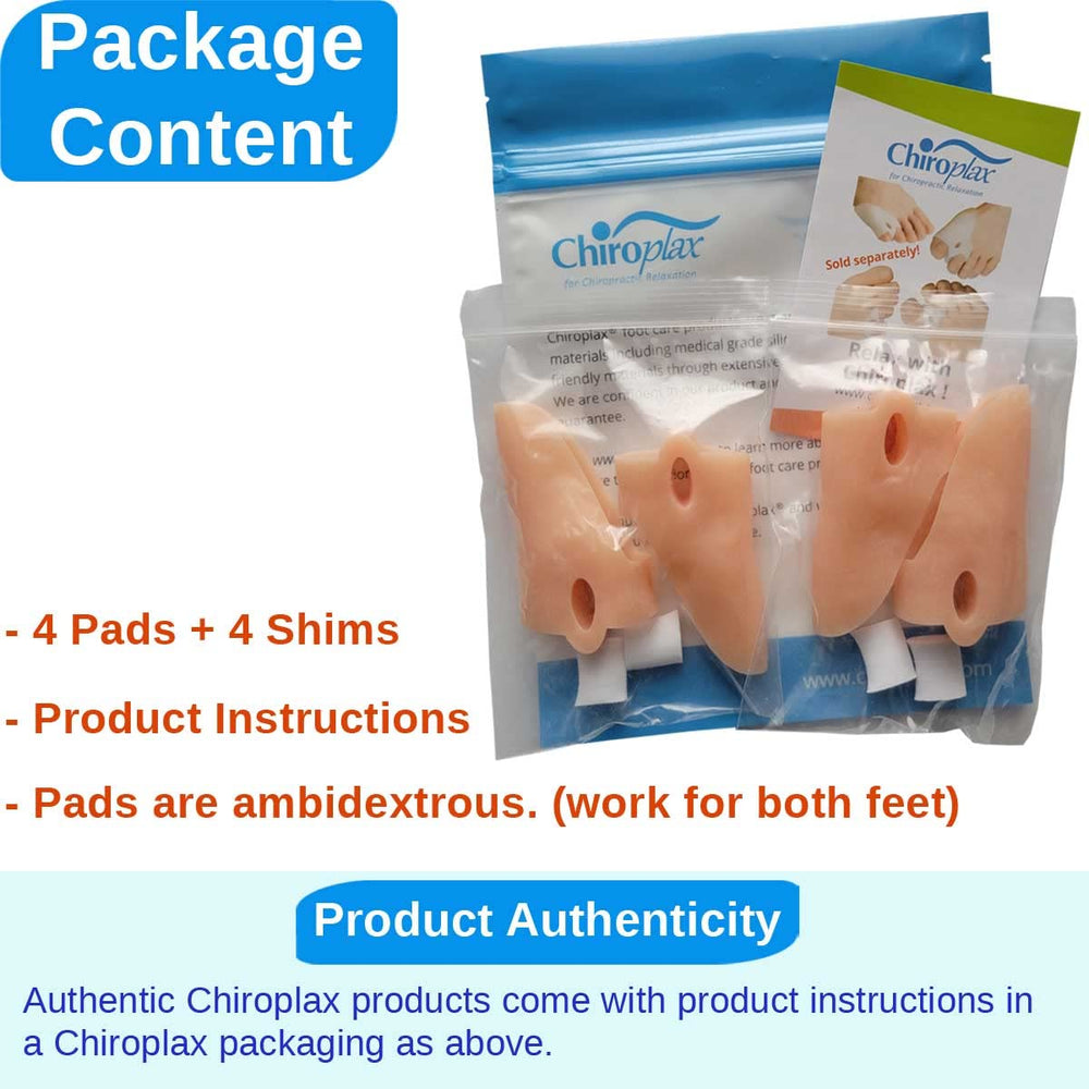 Chiroplax Tailor's Bunion Corrector Pads in use with footwear and care details.