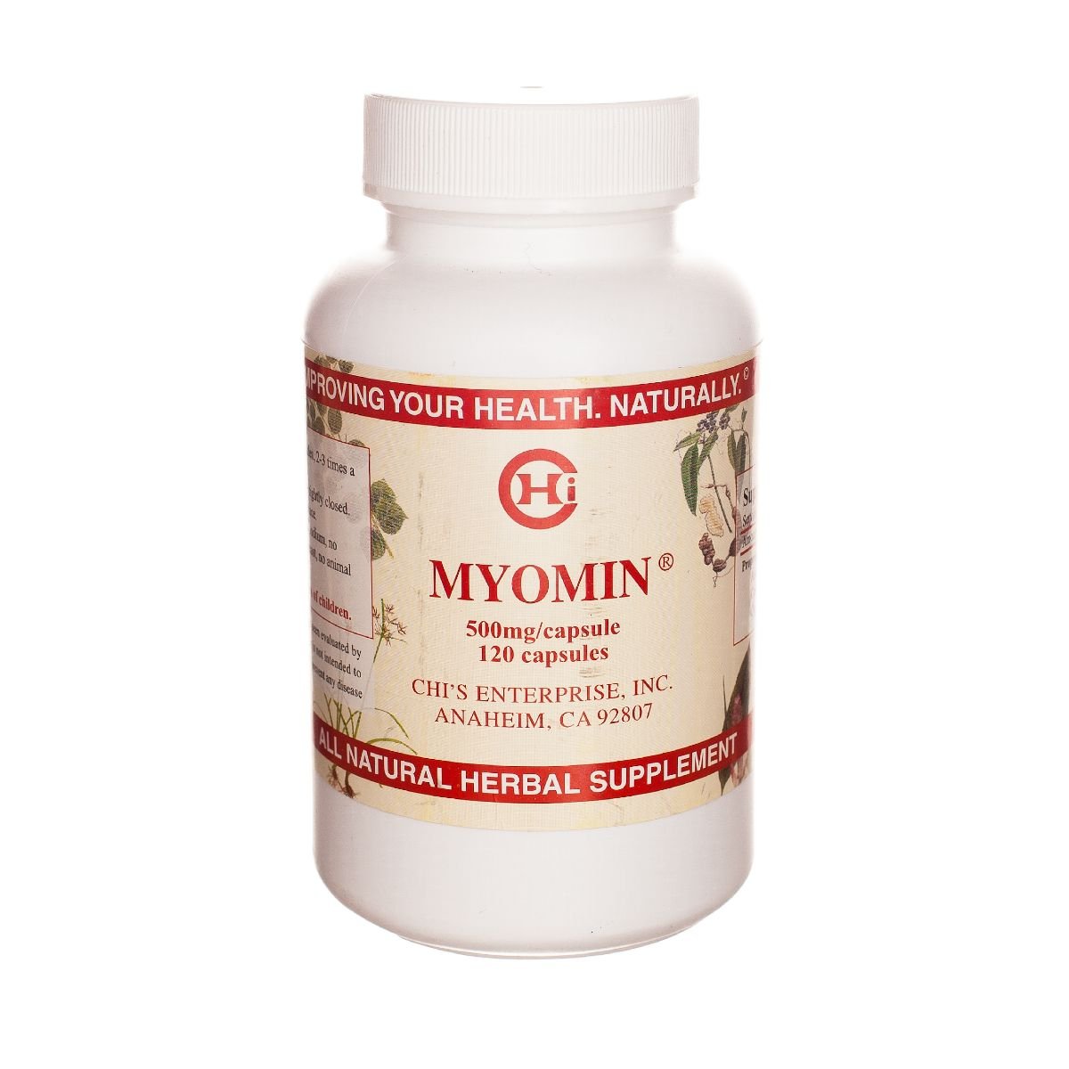Chi's Enterprise Myomin 120-cap bottle shown for convenient daily herbal wellness.