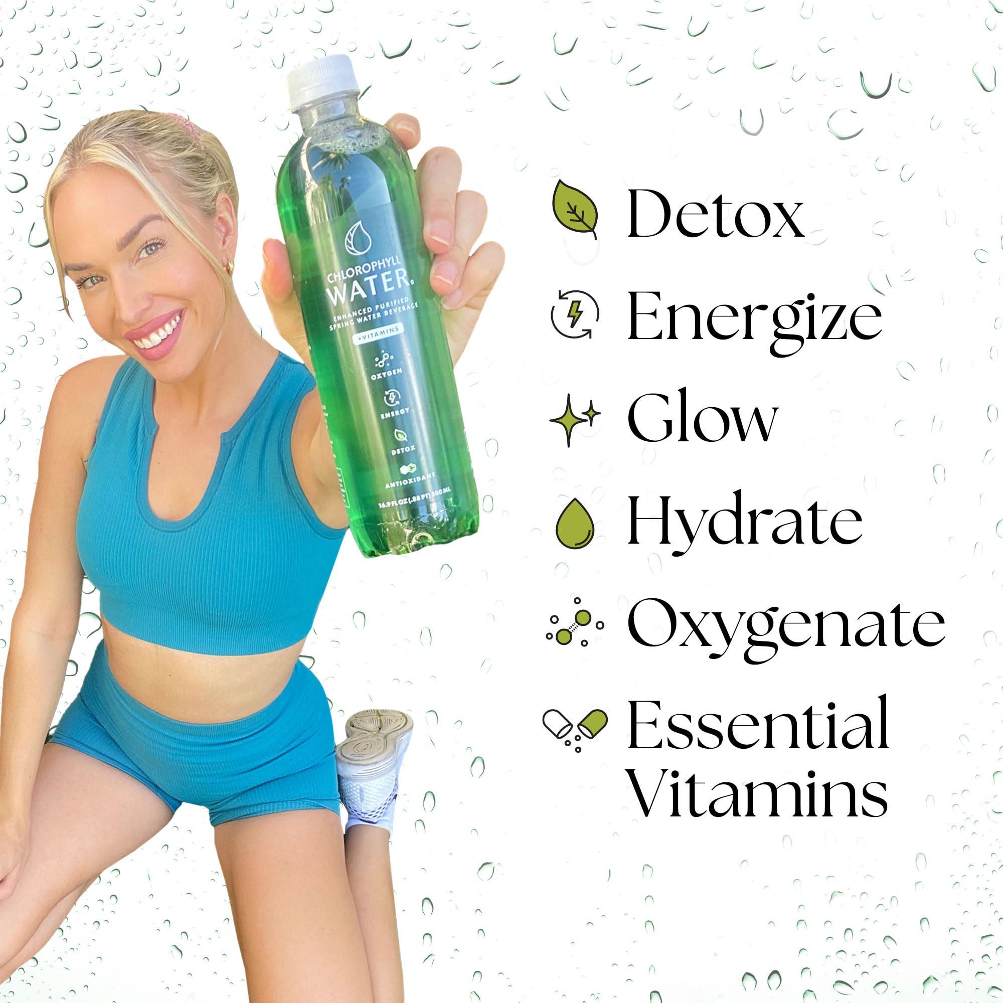 Chlorophyll Water bottle on a clean kitchen counter for convenient access.
