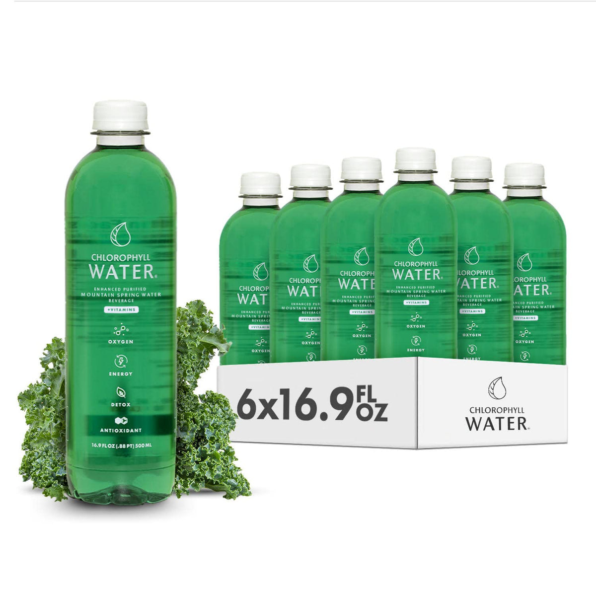Chlorophyll Water bottle pouring into a glass with peppermint flavor for daily hydration.