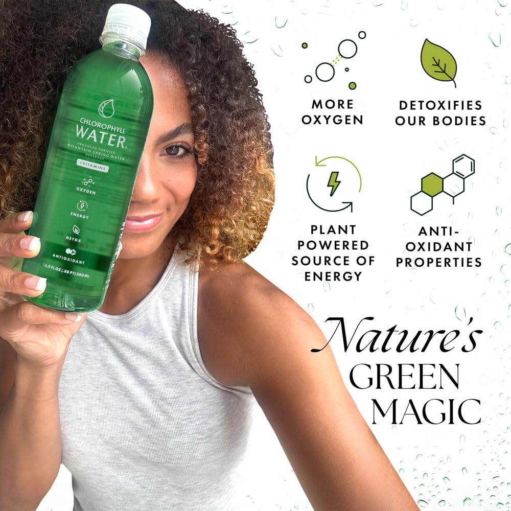 Close-up of Chlorophyll Water bottle showing peppermint flavor.