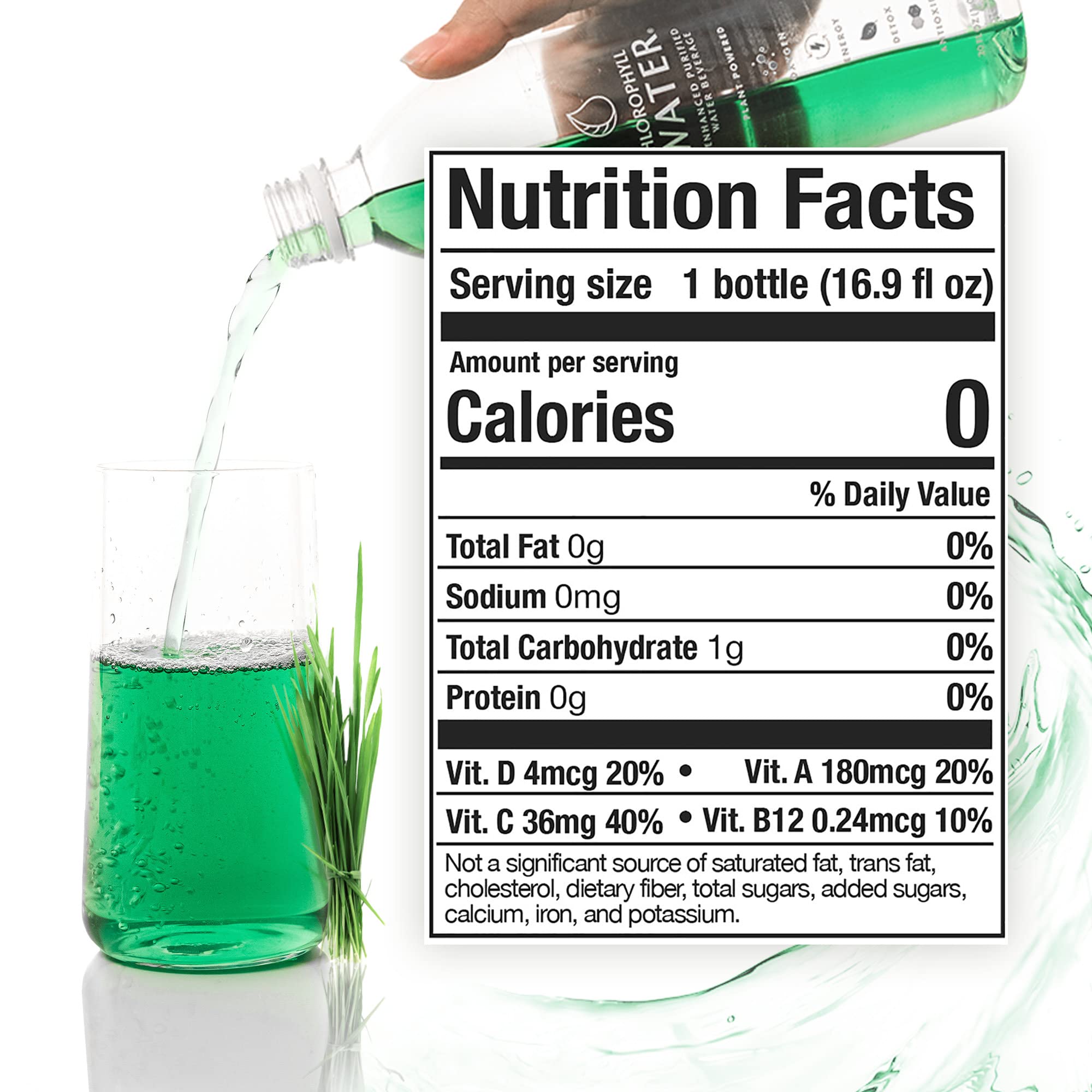 Six-pack of Chlorophyll Water displayed for convenient daily use.