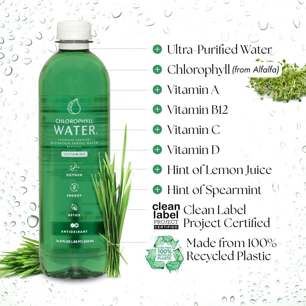 Chlorophyll Water label highlights vitamins A, B12, C, and D3.