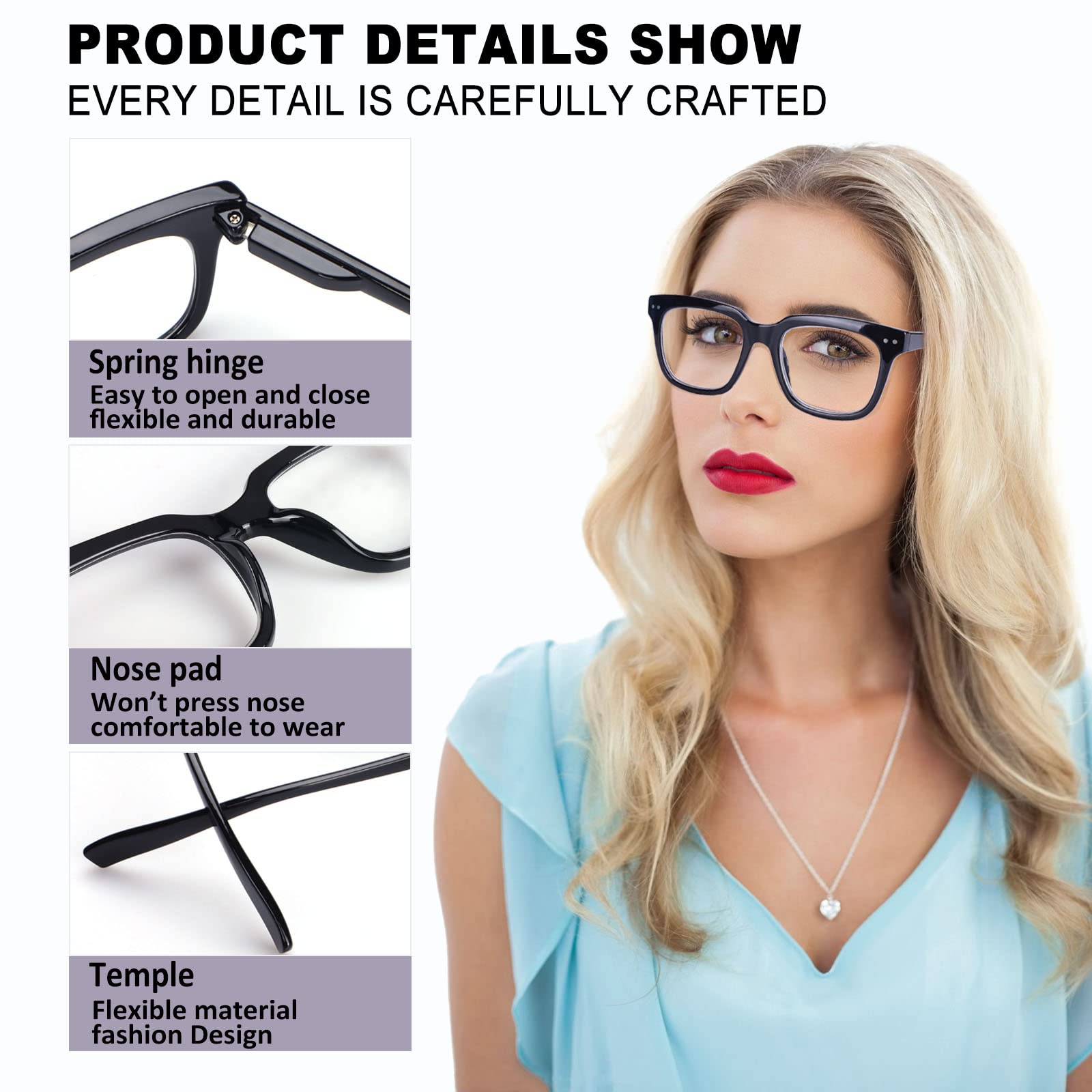 CHOFILORD oversized square frames with spring hinge for comfortable wear.