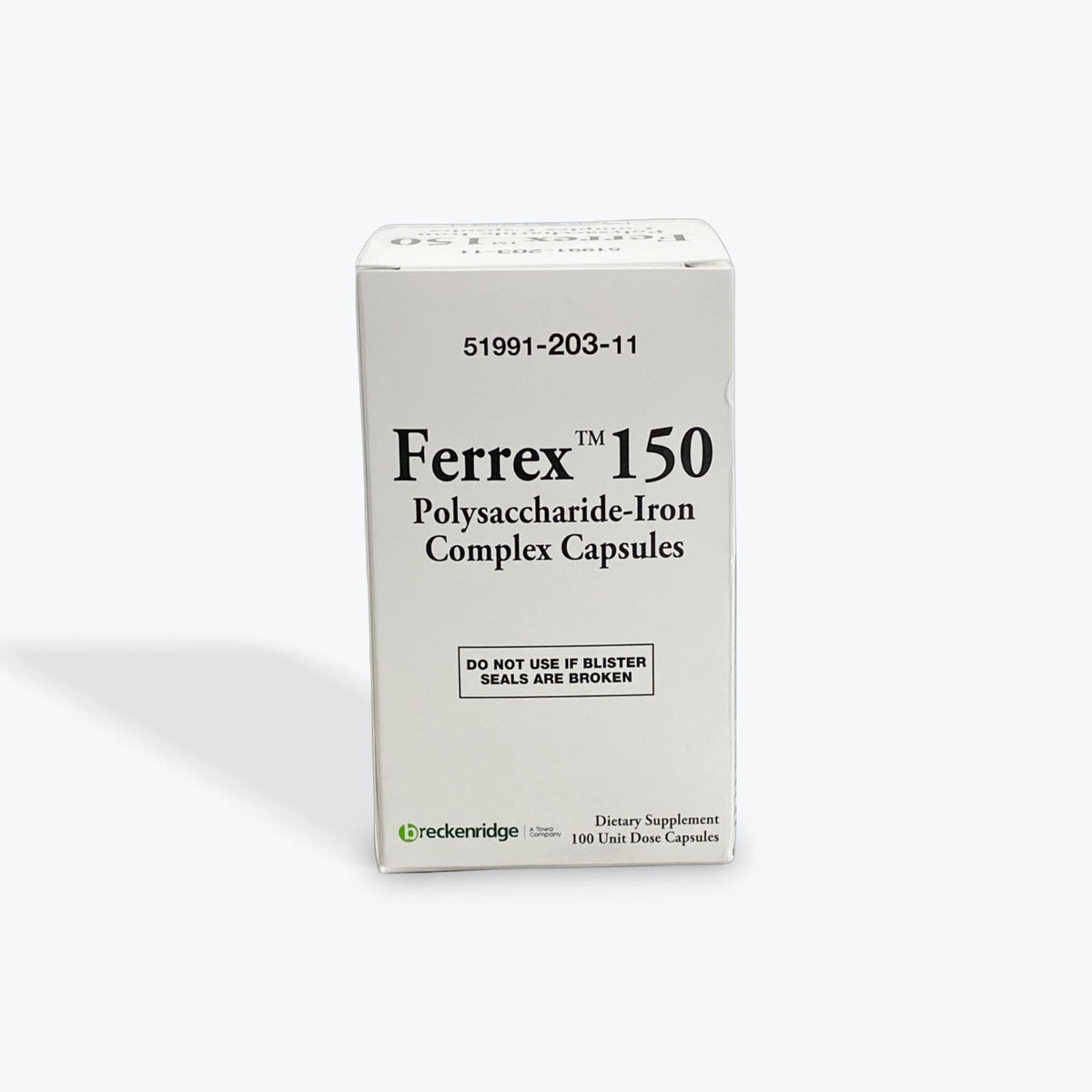Choice One Ferrex 150 bottle front view with iron polysaccharide capsules for daily iron support.