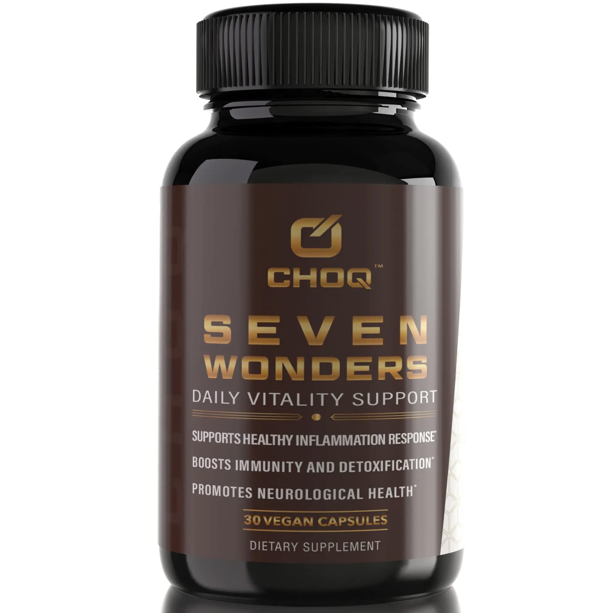 CHOQ Seven Wonders bottle front shows full-spectrum mushroom blend for daily wellness.