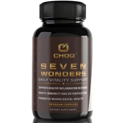 CHOQ Seven Wonders bottle front shows full-spectrum mushroom blend for daily wellness.