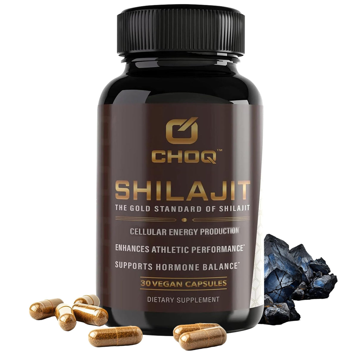 CHOQ Shilajit bottle label highlighting high fulvic acid content for energy