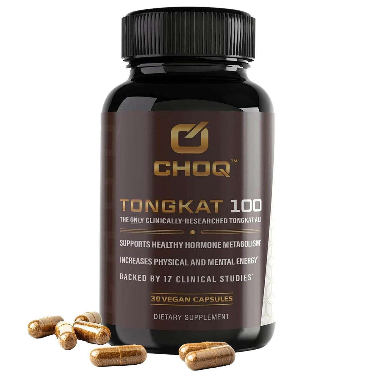 CHOQ Tongkat Ali 100mg bottle signaling premium energy support and daily use.