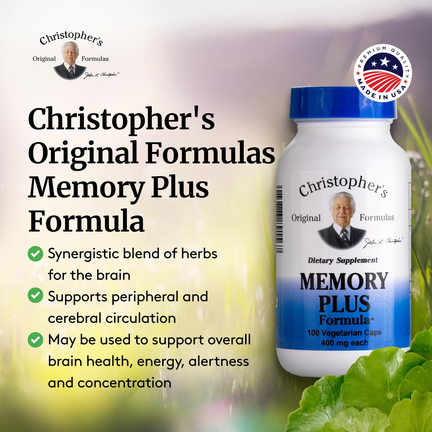 Christopher's Memory Plus bottle with herbs highlighting premium ingredients.