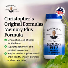 Christopher's Memory Plus bottle with herbs highlighting premium ingredients.