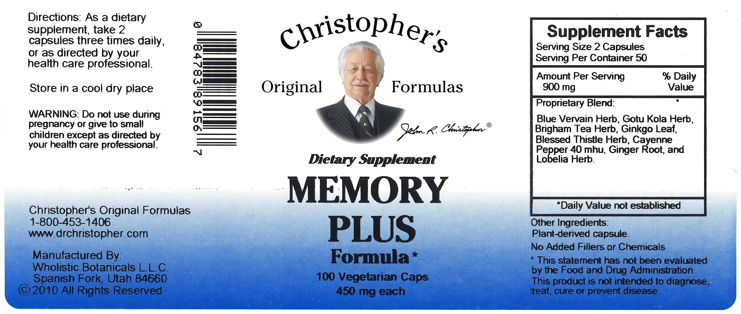 Christopher's Memory Plus imagery emphasizing focus and alertness benefits.