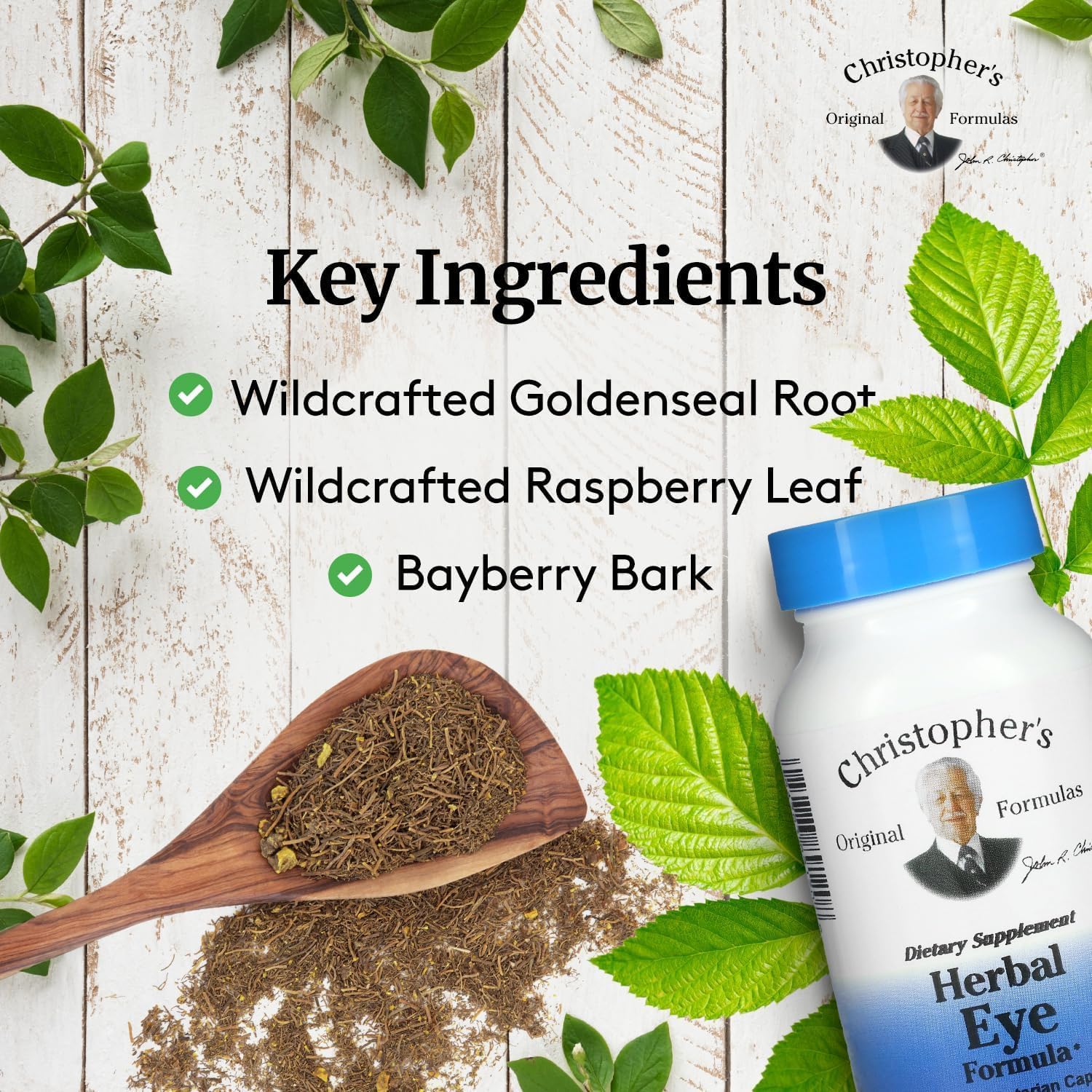 Christopher's Original Formulas eyebright and red raspberry leaf ingredients on label.