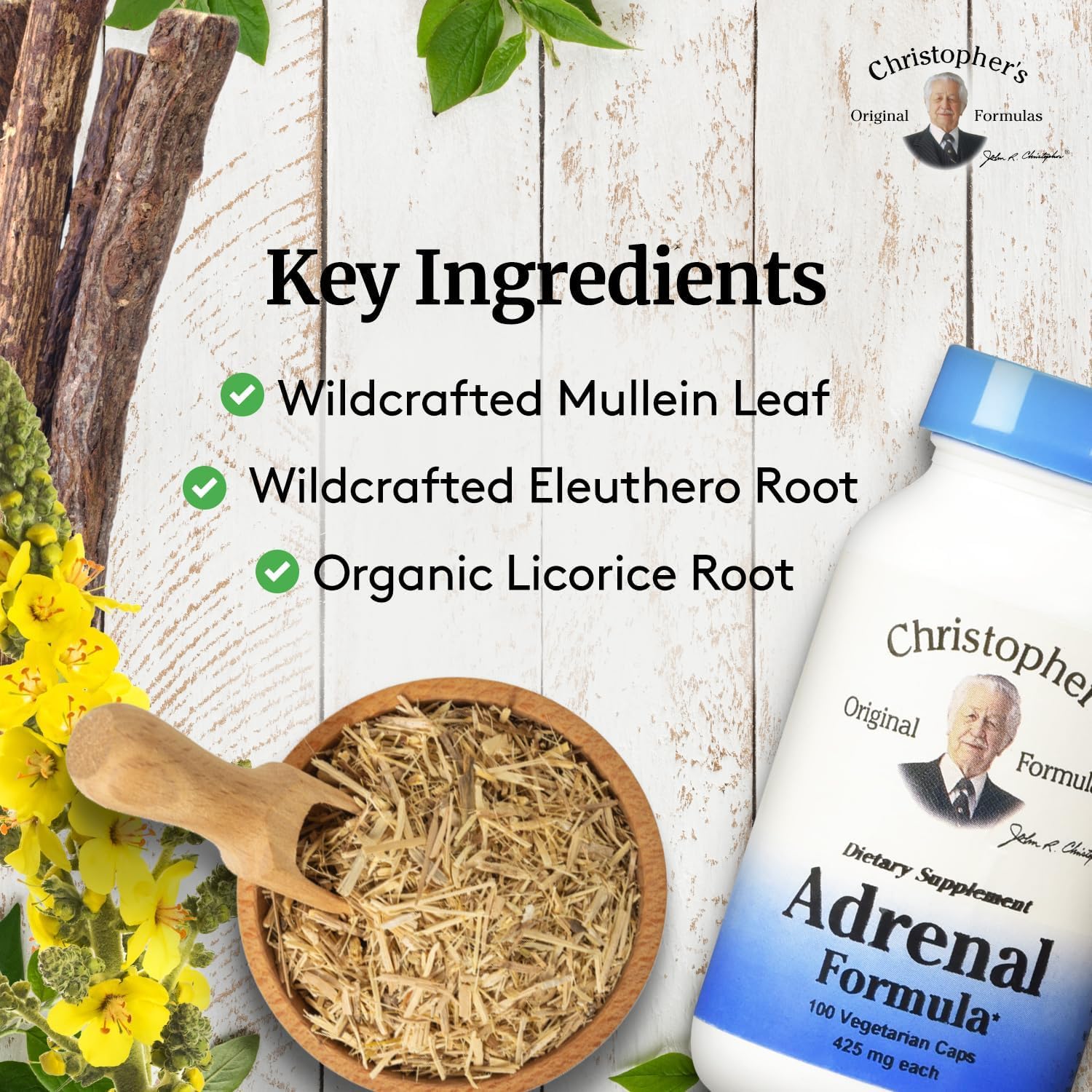 Christopher's Original Formulas Adrenal Formula packaging highlighting plant-based ingredients.