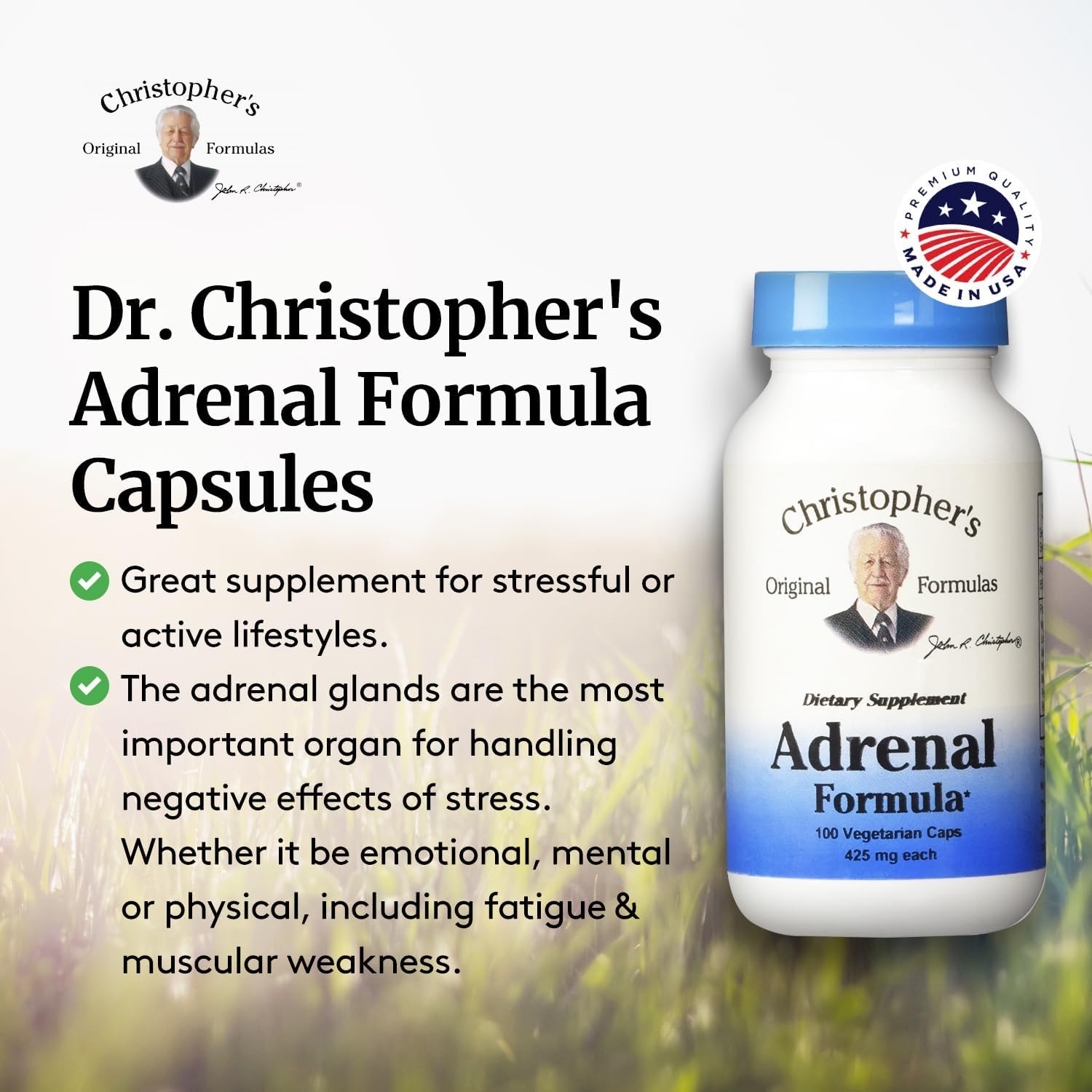 Christopher's Original Formulas Adrenal Formula on a countertop for a stress-relief routine.