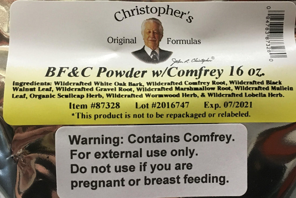 Christopher's BF&C Powder with comfrey on a scoop for tissue care