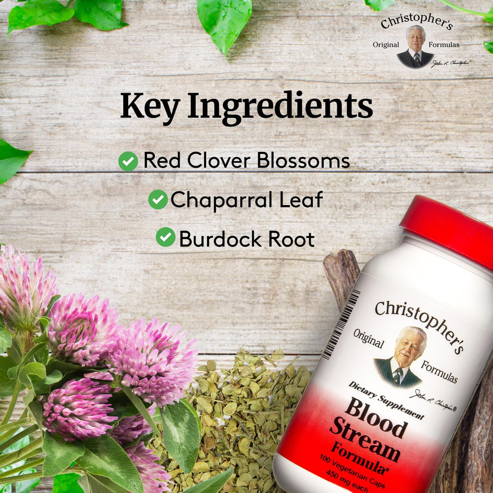 Herbal blend image of Blood Stream featuring Red Clover and Licorice from Christopher's Original Formulas