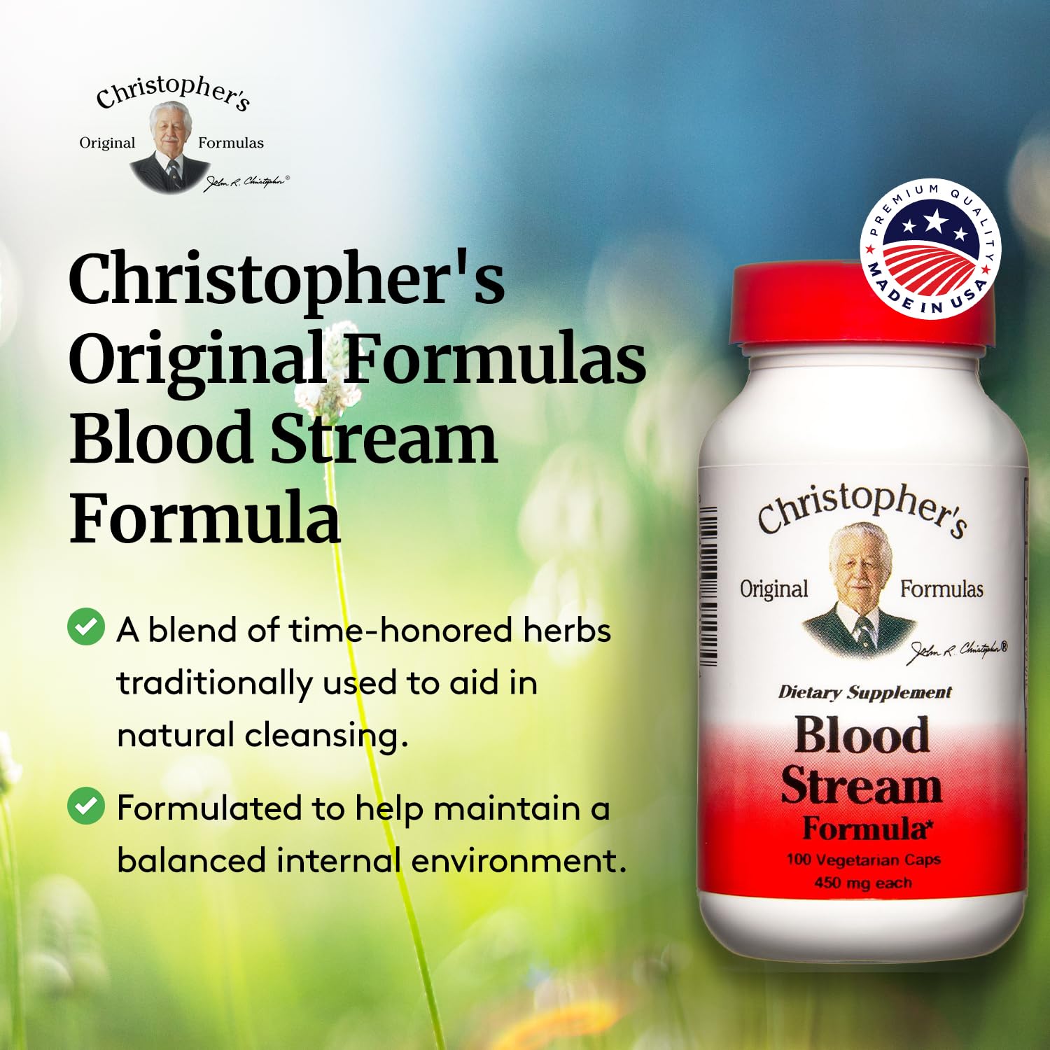 Blood Stream packaging close-up highlighting plant-based ingredients from Christopher's Original Formulas
